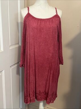 Rose Cold-Shoulder Mini Dress with Embroidered Hem